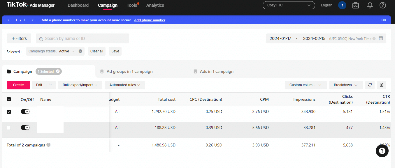 TikTok Ads result: $624.85 spend across 87,552 impressions